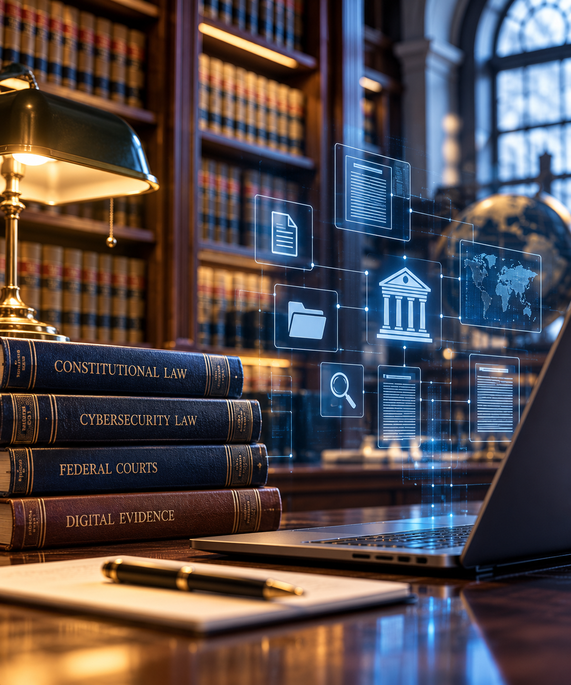 Elegant law library featuring illuminated bookshelves, legal research collections, and digital archive technology.